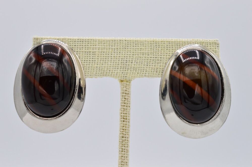 Vintage Oval Clip On Earrings Silver Lucite Tortoise Chunky NOS 1980s BinAA